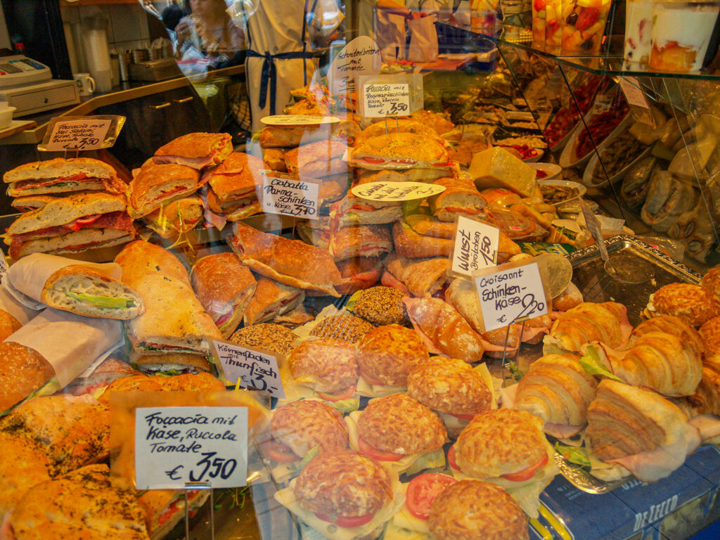 Close-up on sandwiches on display